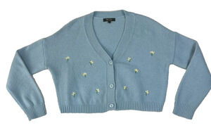 Witty Fox Cardigan Sweater L Blue Ditzy Yellow Flowers Boxy Drop Shoulder